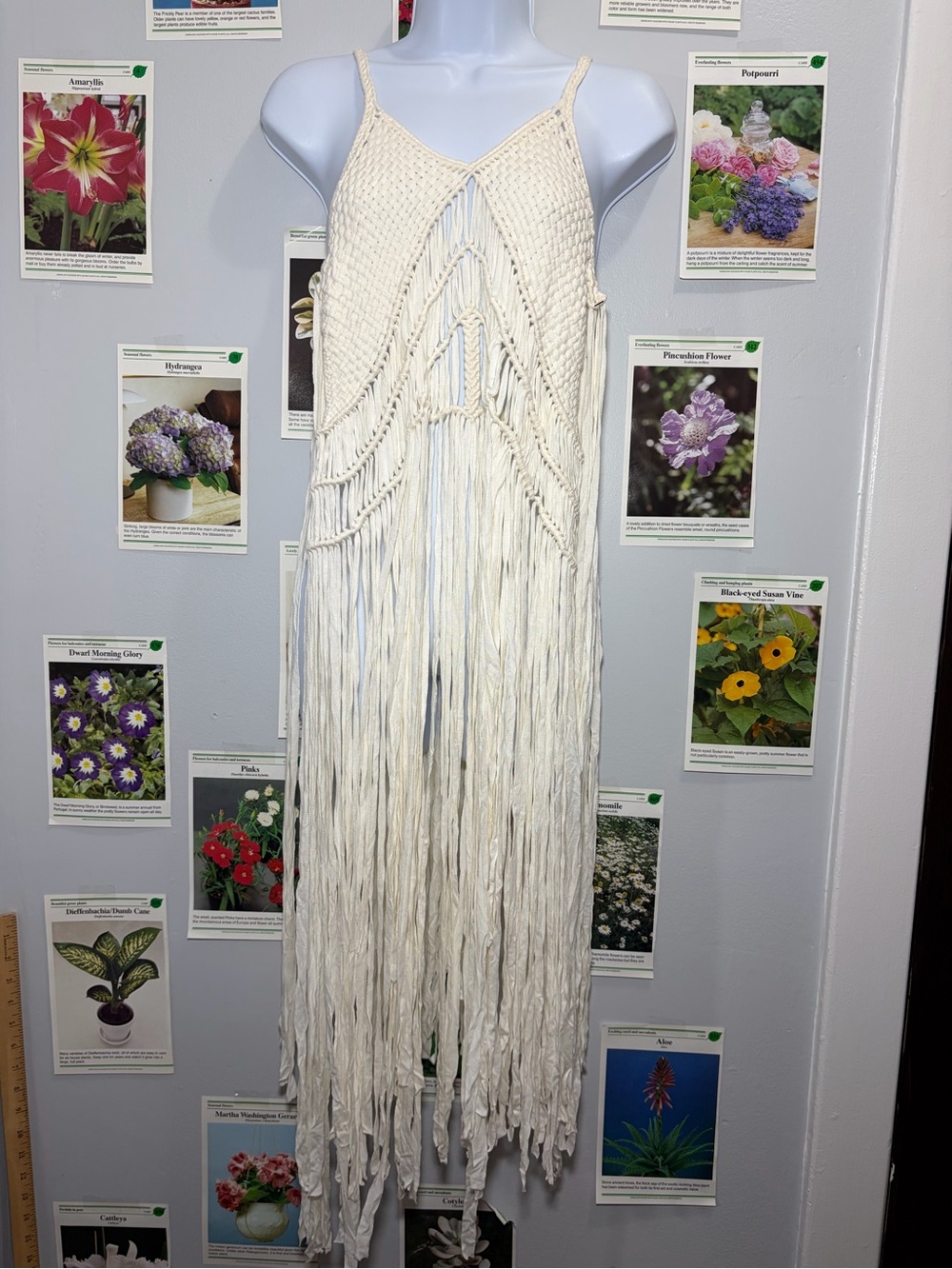 AKIRA Cream Macramé Fringe Slip Dress